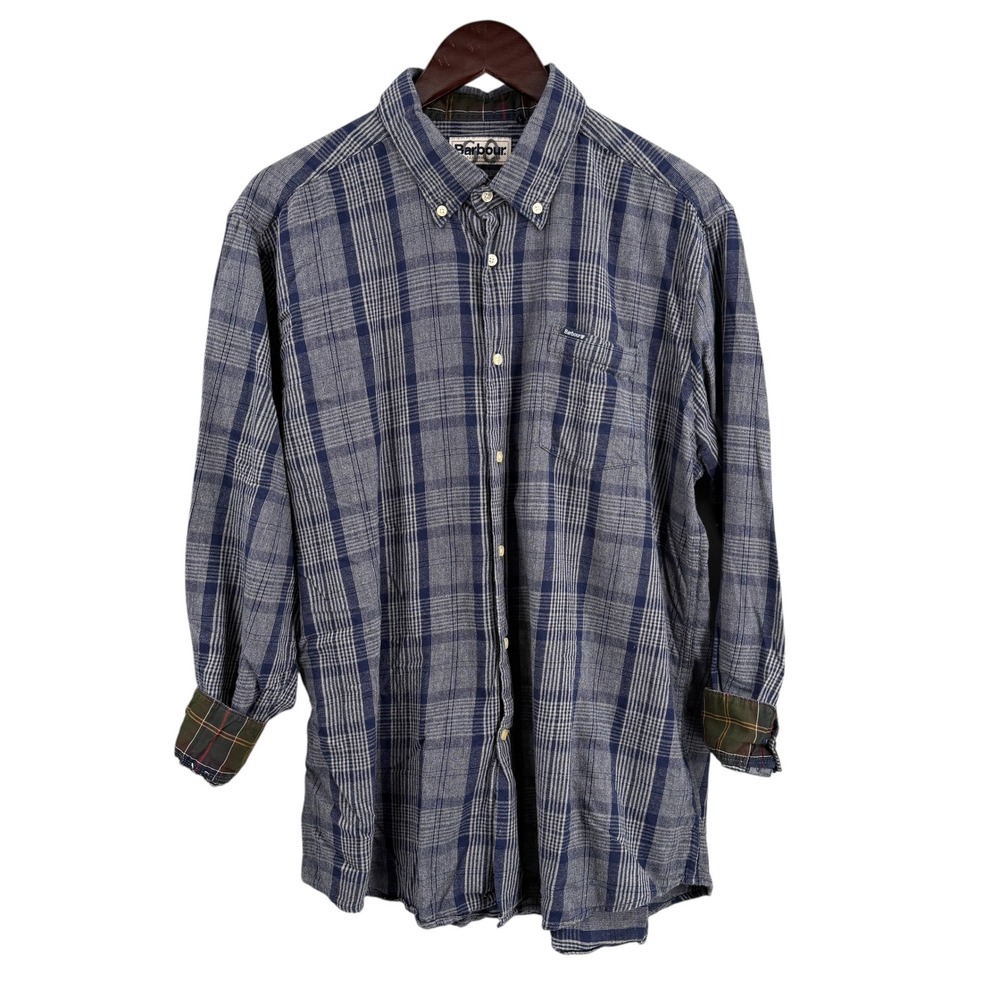 Barbour Button Down Shirt Blue Plaid‎ Tailored Fit Long Sleeve Estimated Size XL
